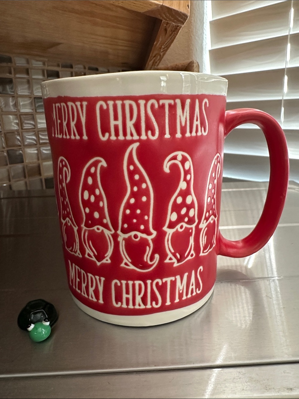 Peppermint & Pine Modern ceramic Christmas mug with stocking top gnomes
